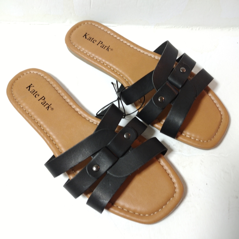 NWOT Kate Park Slip-On Slide Open Toe Flat Slide Comfort Sandals Size 8 Black